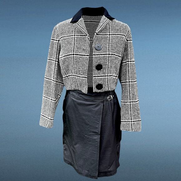 Vintage 60s Wool Houndstooth Cropped Blazer Black & White XS–S - Picture 10 of 16